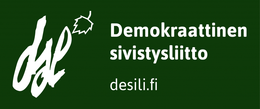 Vihreä tausta, DSL:n valkoinen logo ja valkoisella tekstit: 'Demokraattinen sivistysliitto, desili.fi'.